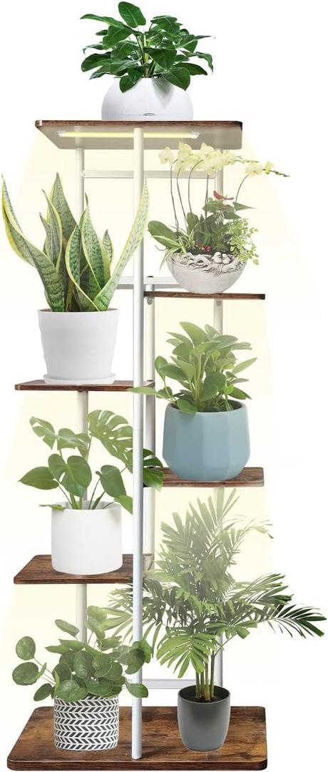 Metal Plant Stand with Grow Lights Multiple Flower Planter Pot Holder Shelf Rack Display for Patio Garden Corner Balcony Living Room (White, 6 Tiers) (6 Tiers, White)