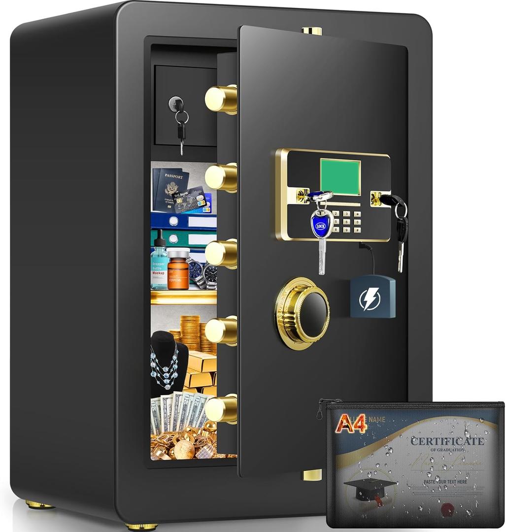 5.0 Cuft Fireproof Safe for Home, Home Safes Water and Fireproof, Safe Box with Digital Combination Lock, Fire and Water Proof Bag, Removable Shelf, Smart Alert, Fire Proof Safes for Money, Valuables Black
