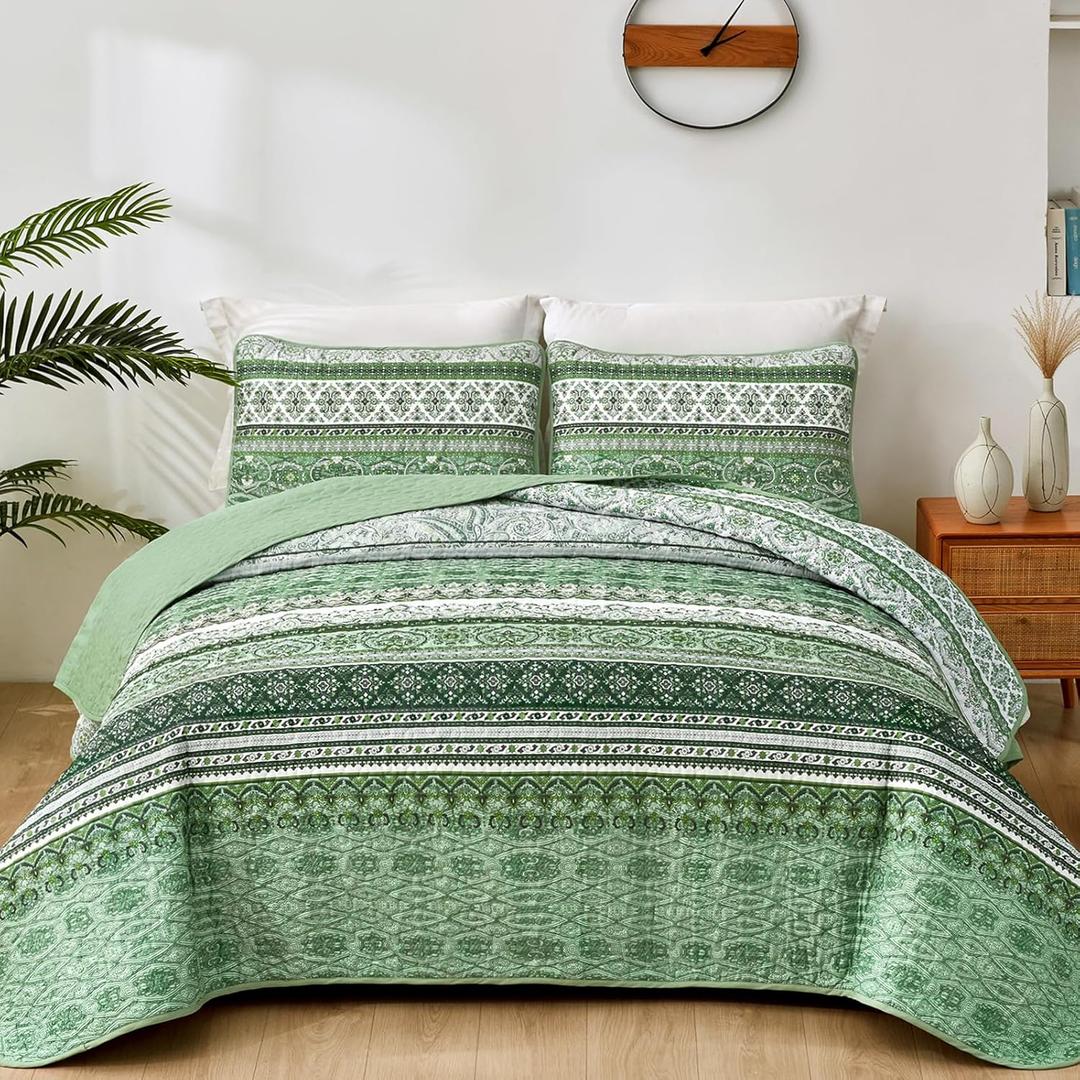 WONGS BEDDING Boho King Quilt Set, Light Green Bohemian Quilt Bedding Set, Lightweight Bed Decor Bedspread for All Season Reversible Microfiber Coverlet Bedding Set 103"x90"(3 Pieces)