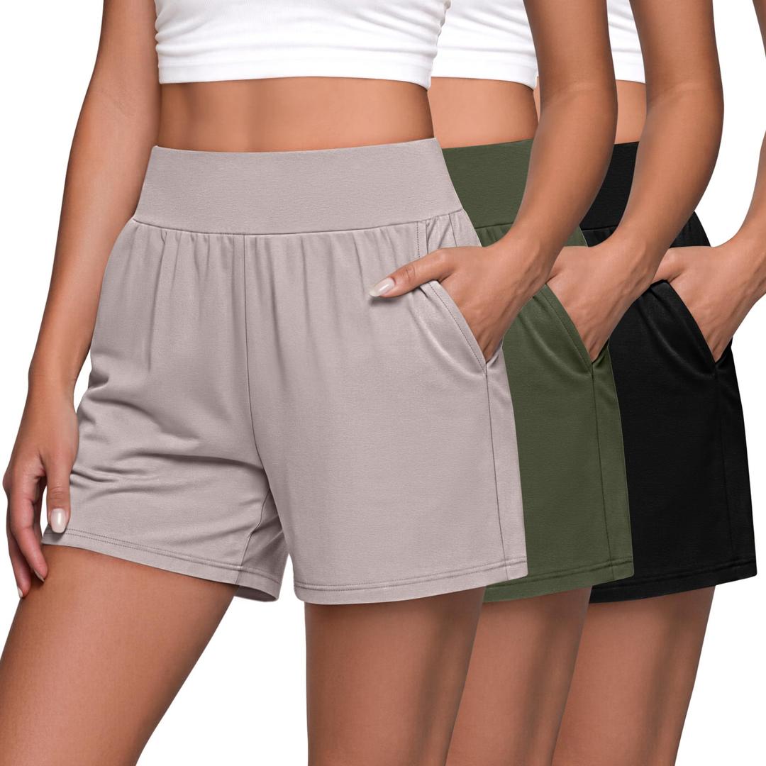 Neer 3 Pack Women's Athletic Shorts 5'' High Waisted Elastic Workout Wide Leg Causal Yoga Gym Lounge with Pockets(Black,Army Green,Light Khaki, M)