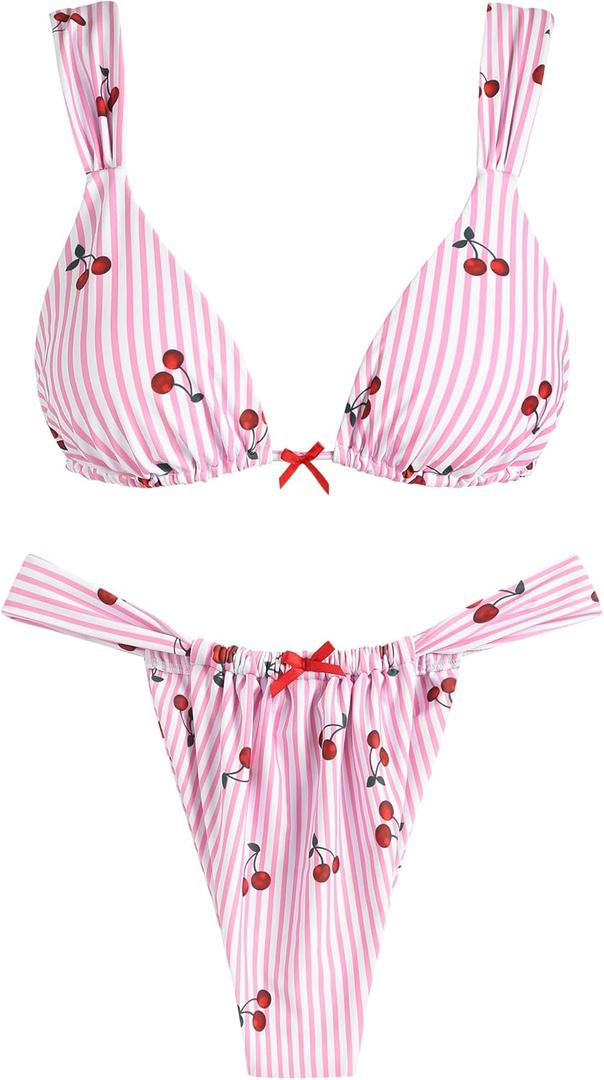 ZAFUL Bikini Sets for Women Triangle Bow Decor Ruffle Straps Lace up Swimsuit 2 Pieces High Cut Bathing Suits (Small, 2-cherry Pink)