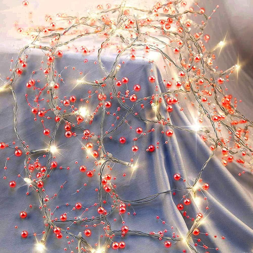 OVV Valentine's Day Decorations 13FT Pearl Garland String Lights 40LED Festive Lighted Berry Beaded Indoor Bedroom Decor Warm Lights for Wedding Party Battery Operated (Red)