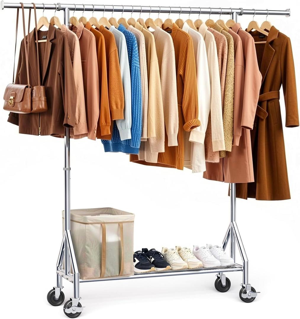 TigerParty Heavy Duty Clothes Rack for Hanging Clothes, Rolling Garment Rack, Adjustable Free Standing Organizer with Wheels, Space-Saving Design for Bedroom Laundry Living Room (Silver)