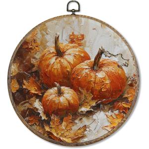 FUGWN Fall Pumpkin Maple Leaf Round Wall Art Decor Framed, Rustic Farmhouse Autumn Harvest Canvas Artwork Prints, Fall Pumpkin Wall Hanging Decorations for Home Bedroom Living Room, 10x10 Inch