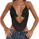 MakeMeChic Women's Summer Crochet Halter Tank Top Open Back Draped Front Rave Festival Vacation Going Out Tops (Black, M)
