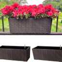 LaLaGreen Outdoor Rail Planter for Balcony (20 Inch, 2 Pack) Large Black Self Watering Railing Planters with Brackets, Rectangular Plastic Window Flower Box Fence Designer Choice with Rattan Pattern