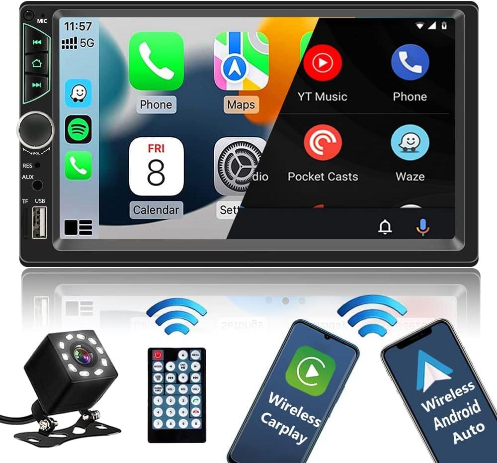 Double Din Car Stereo with Wireless Apple Carplay,Wireless Android Auto,7 inch HD Touch Screen Car Radio with Bluetooth, Car Audio Receiver with Backup Camera,Mirror Link,FM/USB/AUX/TF/Subwoofer (black)