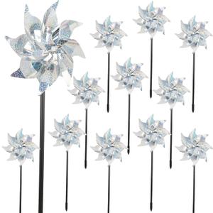 winemana 12 Pcs Reflective Pinwheels Outdoor, Wind Spinners for Yard & Garden, Sparkly Bird Repellent Windmill Scare Birds Away, Deterrent Devices for Outside Patio Lawn Spring Decor (Silver)