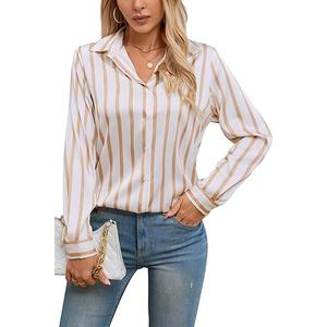 Women's Satin Silk Button Down Shirts Long Sleeve Blouse Casual Work Office Tops, Size M Striped Khaki