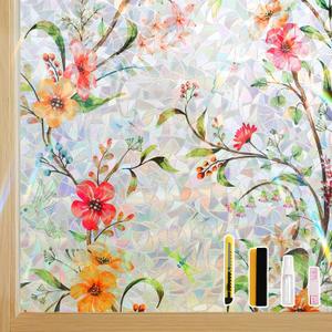 Finnez Stained Glass Window Film with Floral Pattern, Crescent Base and Rainbow Effect, Decorative Static Cling No Glue No Residue 17.5 x 78.7 Inches (Gesang Flower)