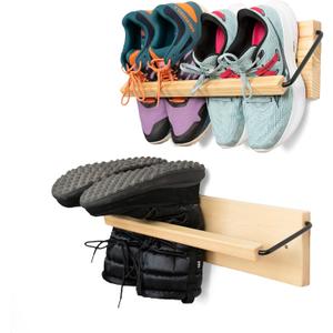 Wall Mounted Shoe Rack - A Wooden, Modern, Slim, and Small Shoe Storage Solution for Shoes and Boots in Narrow Spaces, entryways, or hallways. (20-in-Wide, Pack of 2)