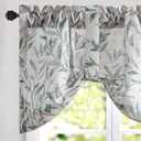 VOGOL Tie-up Valance for Kitchen Windows Tie Up Curtains for Windows Blue Leaf Print Adjustable Balloon Shades Rod Pocket Curtain Panels Valances for Cafe, 52x18, One Piece