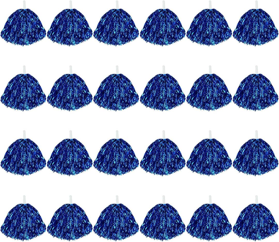 24Pcs Cheerleading Pom Poms, 1 Dozen Handle Metallic Foil Flower Ribbons Cheerleader Pompoms, Kids Children Ball Dance Sports Coaches Game Party Fancy (Blue)