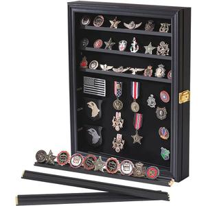 Verani Medals Display Case Wall Frame for Collector, Military Challenge Coins Holder, Pins, Lockable Shadow Box with Removable Shelves Black (Large)