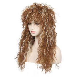 WildCos Long Curly 80s Mullet Wigs Punk Heavy Metal Rocker Wig Halloween Costume Male Cosplay Wig for Women (Brown with Blonde)