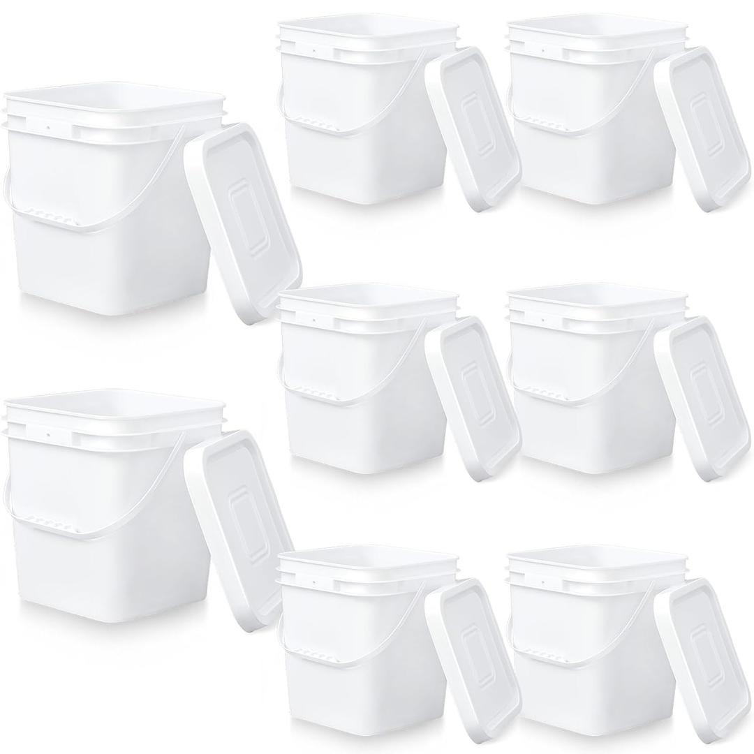Mumufy 8 Pcs 3.5 Gallon Square Food Grade Bucket with Lid Square Bucket Pail with Plastic Handles for Storing Dry Food, Charcoal, Camping, Fishing (White)
