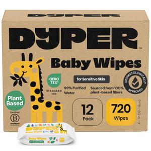 DYPER Baby Wipes Unscented (720 Count) | Fragrance Free, Hypoallergenic Baby Wipes for Sensitive Skin | 99% Purified Water, Plant-Based, Dermatologist Tested | Plastic-Free Wet Wipes, 12 Pack, EXP Date: 06/23/27