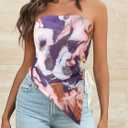 Yousify Womens Floral Tube Top Summer Mesh Strapless Ruched Asymmetrical Hem Drawstring Boho Y2k Bandeau Tops (Small, Suit 1)