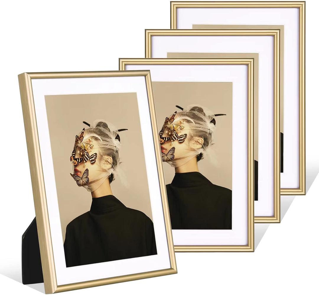 5x7 Picture Frame Set of 4, Matted Brass Simple Modern Brushed Thin Aluminum Metal Photo Frame Fits 3x5 and 4x6 with Mat or 5 x 7 without Mat . Vertical and Horizontal for Tabletop and Wall