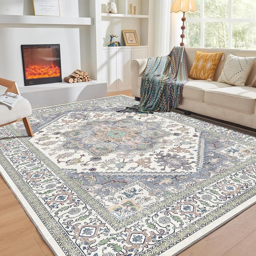 OPPODREAM Area Rug 5x7, Ultra Soft 5x7 Rugs for Living Room, Washable Rugs for Bedroom with Non Slip Backing, Faux Cashmere Low-Pile 5 x 7 Carpet, Purple & Green & Cream