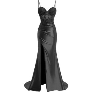 Spaghetti Strap Sweetheart Satin Prom Dresses with Split Lace Appliques Pleated Mermaid Long Evening Gown TM13 (10, Black)