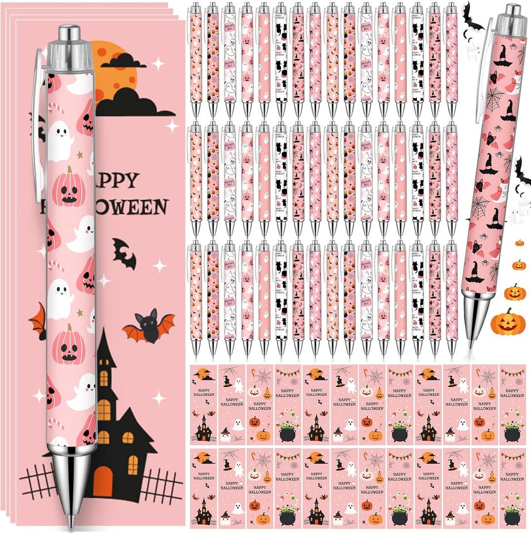 160 Pcs Pink Halloween Pens Bulk Pink Spooky Cartoon Ghost Pumpkin Ballpoint Pens with 80 Pcs Greeting Cards for Halloween Party Supplies Rewards Gifts Home Office