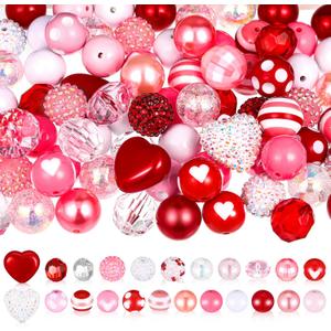 Poen 100 Pcs 20 mm Valentines Day Rhinestone Bubblegum Beads Pink Red Beads for Pens Bulk Mixed Crystal Resin Chunky Crafts for DIY Craft Keychain Necklace Bracelet Jewelry Making Decor for Holiday (Sweet Color)