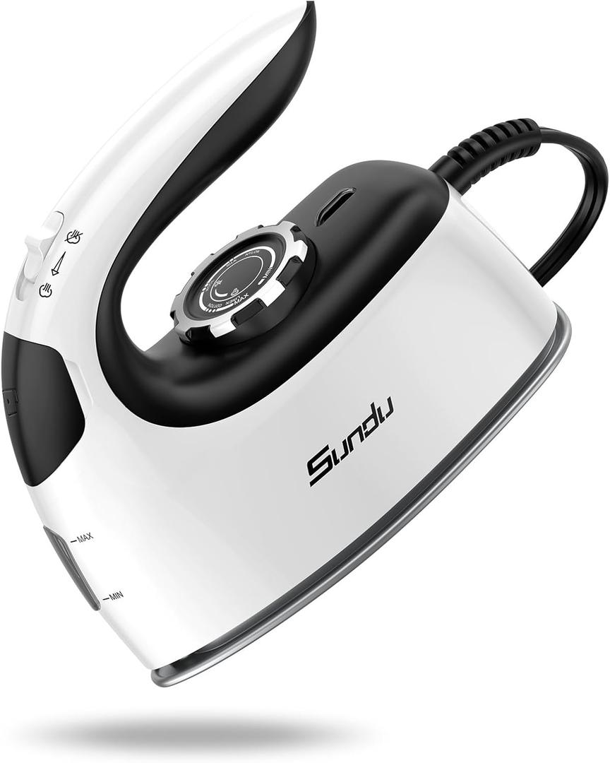 Sundu Small Iron for Clothes with Steam,Travel Iron Portable Non-Stick Soleplate Steamer for Quilting & Sewing,300 Microsteam Holes,90ml Water Tank,Lockable Safety Base (White)