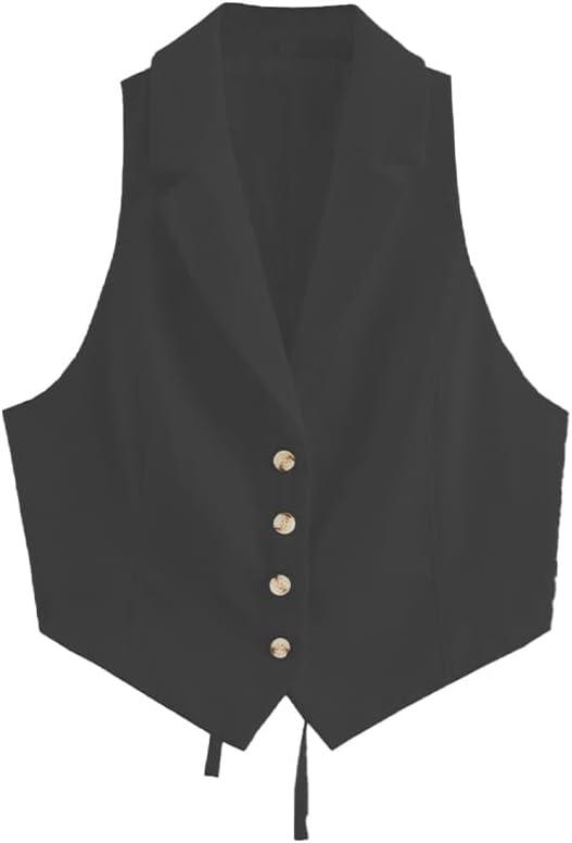 Women's Linen V Neck Vest Top Sleeveless Button Down Fully Lined Solid Going Out Crop Tops, Size M