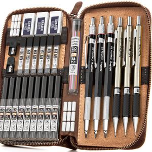 Nicpro 30PCS Art Mechanical Pencil Set in Leather Case, Metal Drafting Pencil 0.5 mm, 0.7 mm, 0.9 mm & 3 PCS 2mm Lead Holders for Sketching Drawing With 16 Tube (6B 4B 2B HB 2H 4H Colors) Lead Refills (Black)