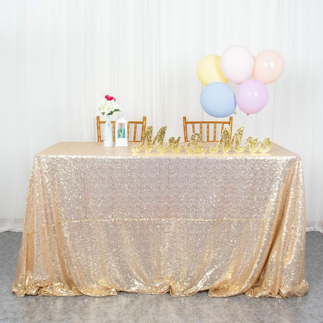ShinyBeauty Sequin Tablecloth 50x80 Inch Light Gold Seamless Table Cover Overlay Birthday Party Supplies Shimmer Champagne Gold Table Cloth for Wedding Anniversary Bridal Shower Decoration
