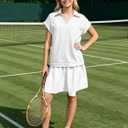Women Casual Dresses Loose Fit Polo V-Neck Short Sleeves Patchwork Athletic Tennis Dress with Pockets (White, M)