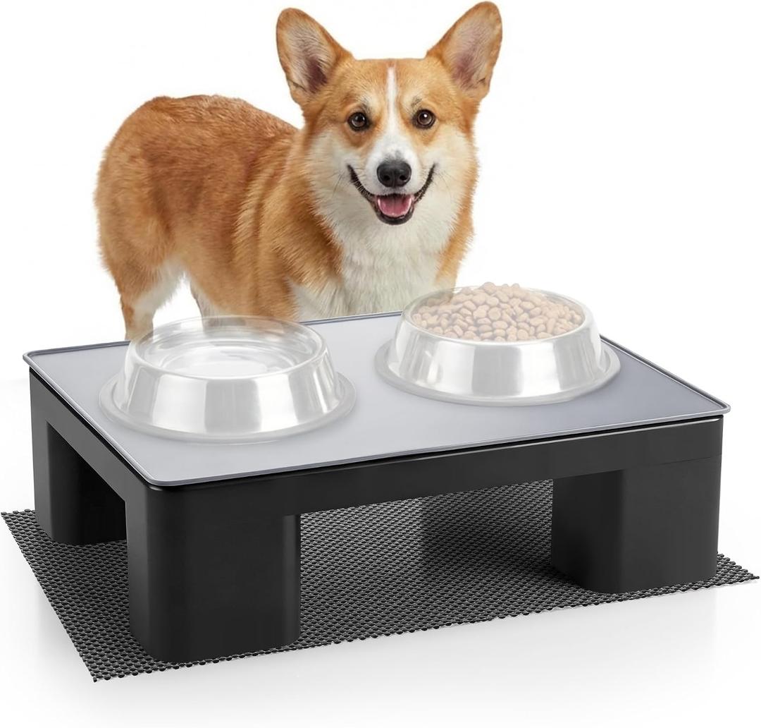 Upgraded Elevated Dog Bowl Stand and 100% Waterproof & Non-Slip Mat, Raised Bowl Stand for Small Medium Dogs, Easy-Clean Silicone Pet Food Mat- Neck Strain Relief & Protect Your Floors