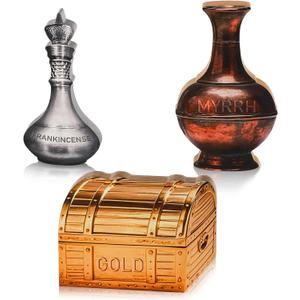 Leinuosen 3 Pcs Wooden Wisemen Gifts Set Flat Gold Frankincense and Myrrh Christmas Stage Props Decoration Nativity Costume Pageant Props Christmas Apparel Accessories(Classic)