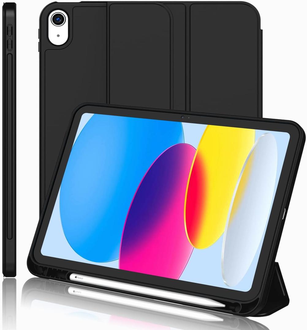 IMieet iPad (A16) Case/iPad 10th Generation Case [11-Inch 2025/10.9 Inch 2022] with Pencil Holder, Trifold Stand Smart Cover with Soft TPU Back,Auto Wake/Sleep (Black)