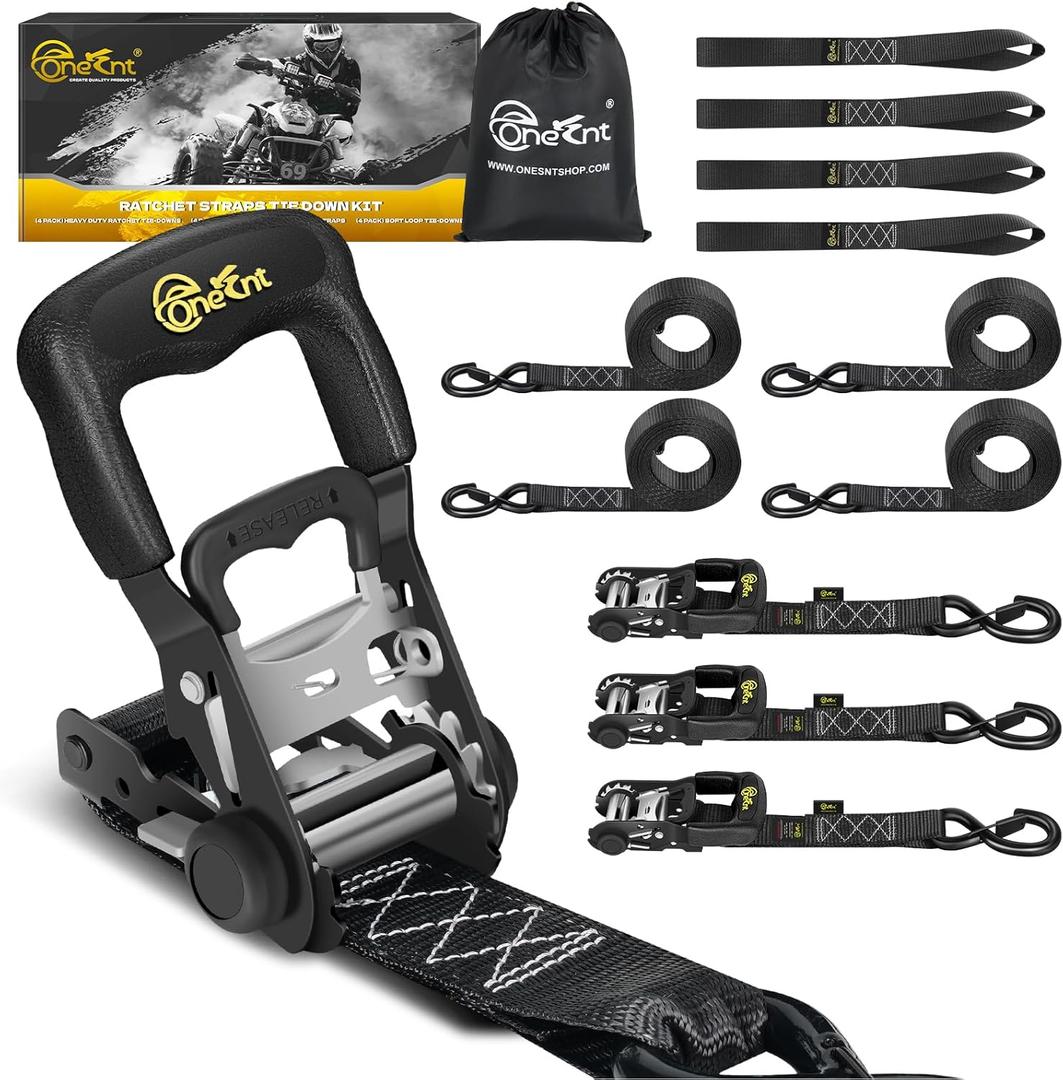Onesnt 4Pcs Ratchet Strap Tie Down Kit | 1.6x 10FT Heavy Duty Ratchet Straps with Padded Handles+Coated S Hooks+Soft Loop Tie-Downs -6000 Pound Break Strength