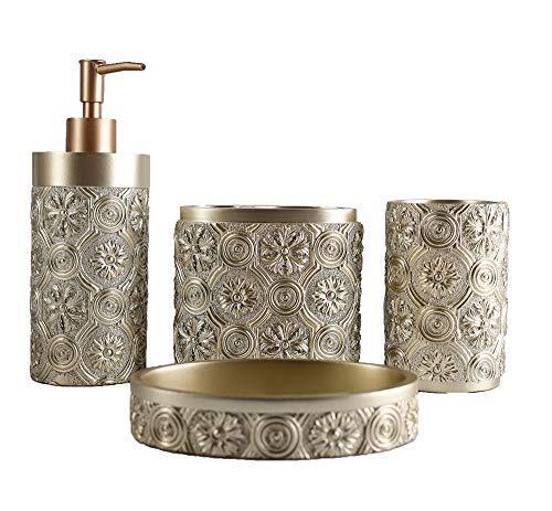 Hymmah Bathroom Accessories Set, Golden Design Toothbrush Holder,Farmhouse Bathroom Decor, 3 Pcs Resin Gift Set Apartment Necessities, Contain Toothbrush Cup, Soap Dispenser, Soap Dish, Tumbler