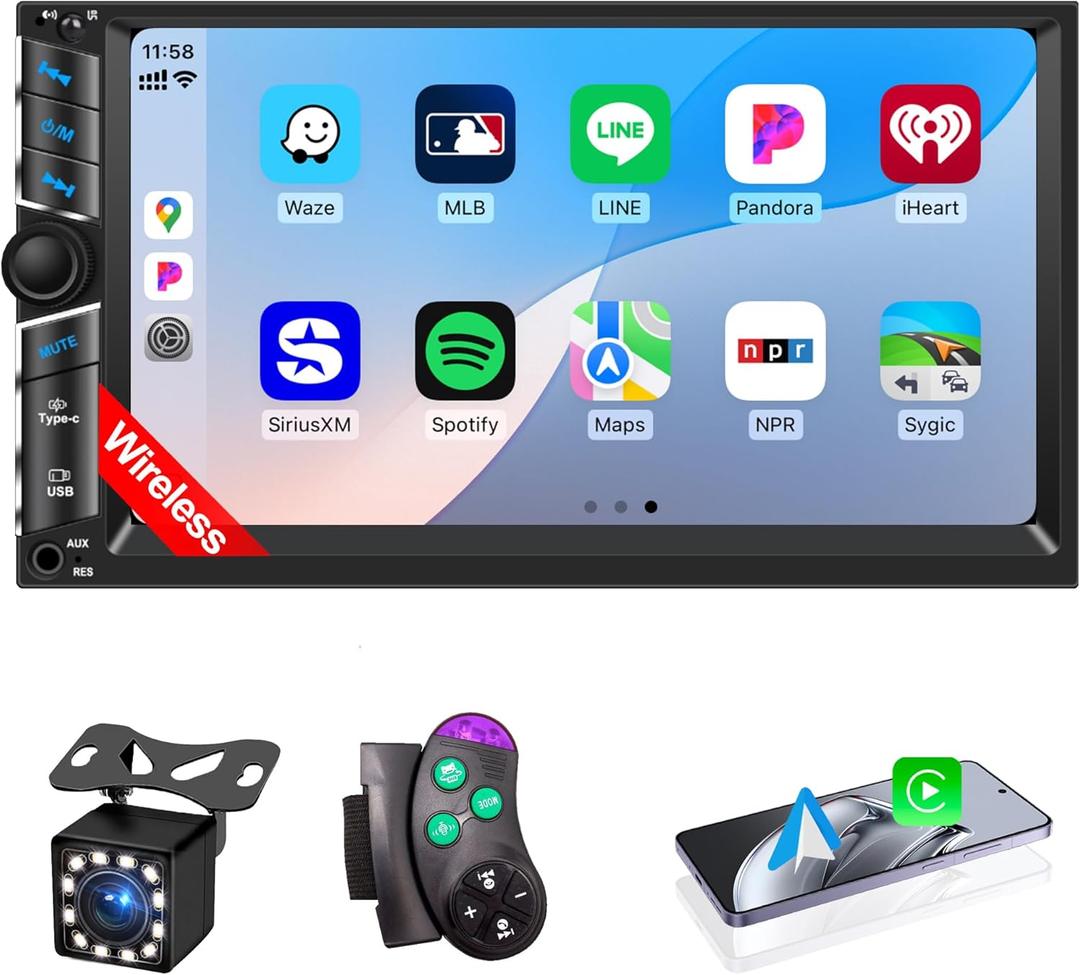 7'' Double Din Car Stereo with Wireless Apple CarPlay & Android Auto, Car Audio Receivers, IPS Touch Screen FM Radio, Mirror Link, Bluetooth 5.2, SWC, HD Backup Camera, GPS Navigation, TF/USB/AUX