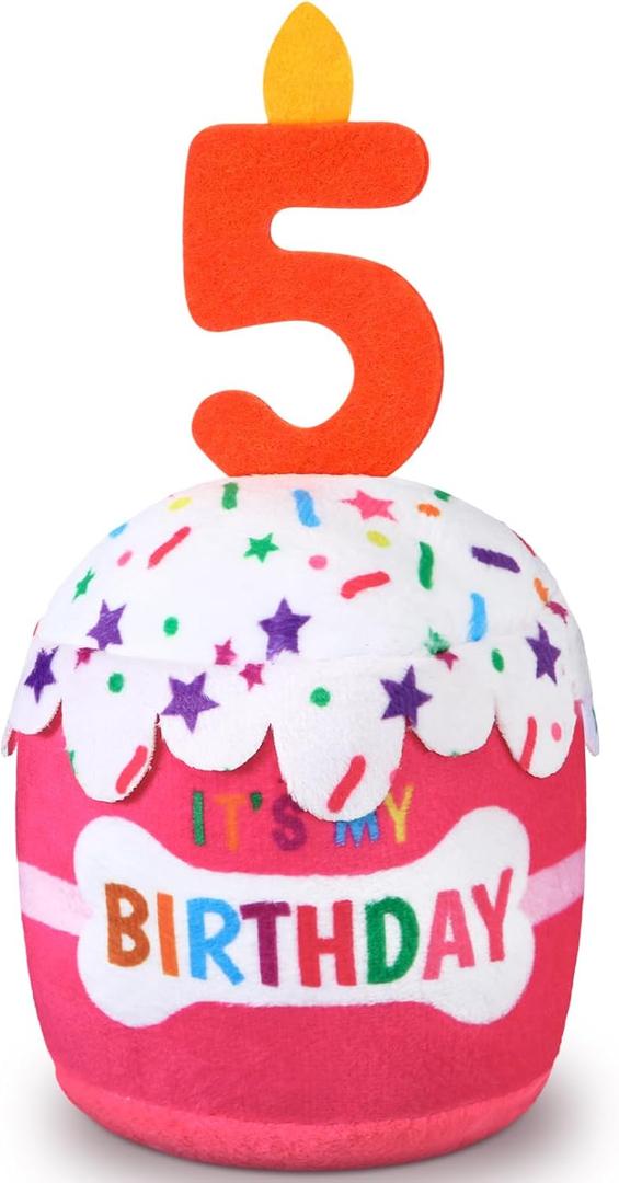 Dog 5th Birthday Cake Toy Accessories for Girl Boy Gifts, Pink Squeaky Plush Toy for Dog Birthday Party Decor Favor for Large, Medium and Small Dogs