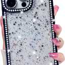 2 x for iPhone 13 Pro Case, Sparkly Crystal Diamonds Rhinestone Border with Shiny Glitter Sequins Phone Cover for Women Girls, Transparent TPU Bling Slim Protective Case for iPhone 13 Pro