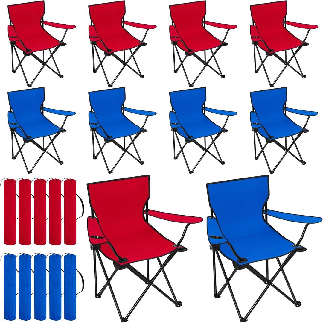 Huwena 10 Pack Folding Camping Chairs with Cup Holder and Carry Bags, Portable Outdoor Lawn Chairs Bulk for Picnic Party Backyard Events Beach Outdoor Activities (Blue, Red)