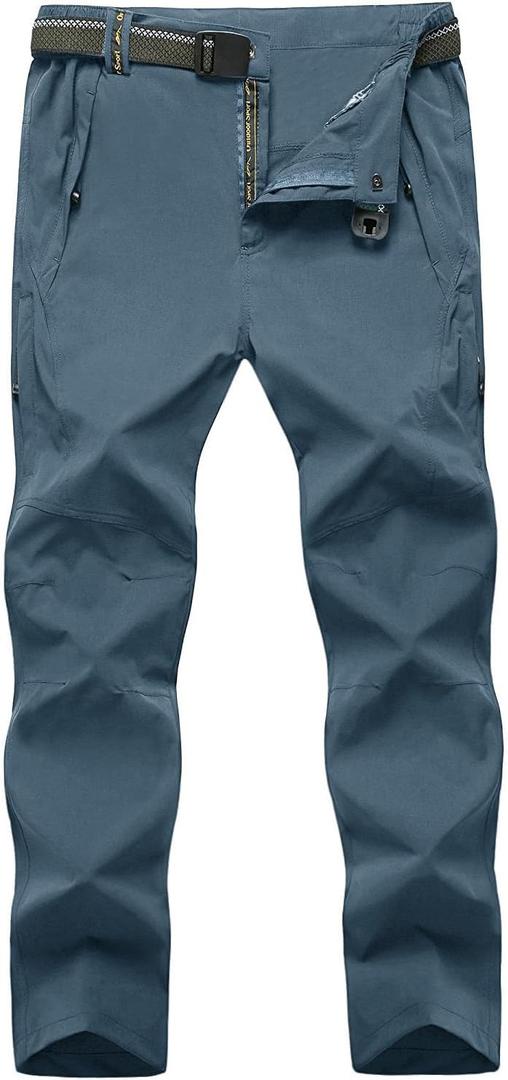 TBMPOY Men's Lightweight Hiking Pants with Belt 5 Zip Pockets Waterproof Quick-Dry Travel Fishing Work Outdoor Pants (Large, A4-thin Stone Blue)