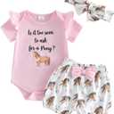 Newborn Baby Girl Western Outfits Cowgirl Summer Clothes Short Sleeve Letters Romper Boots Horse Shorts Headband (0-3 Months, Pink)