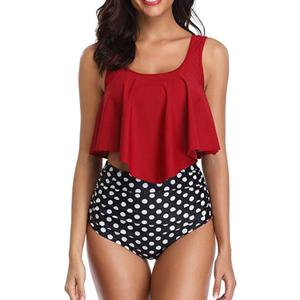 Women High Waisted Bikini Swimsuit Plus Size Flounce Top Vintage Tummy Control Bottom Two Piece Tankini Bathing Suits (Small, Wine Red)