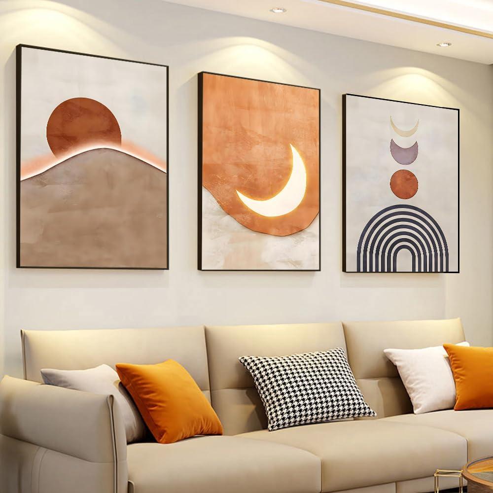 ARTKN Large Framed Orange Mid Century Modern Wall Art,Geometry Neutral Abstract Art for Living Room Bathroom Bedroom Wall Decor (Orange, 20" X 28" X 3 pieces)