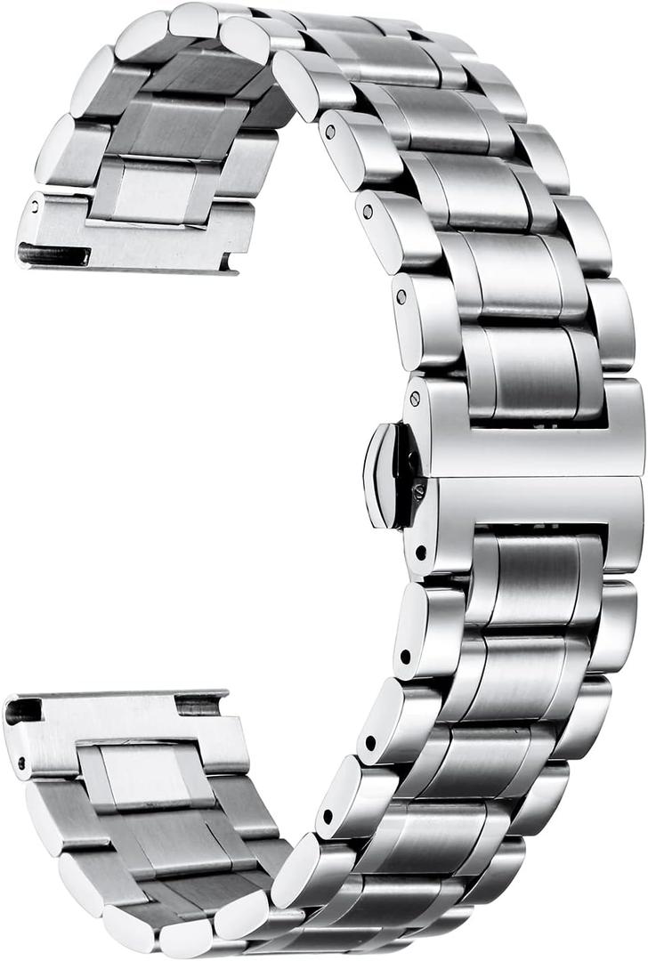 BINLUN Stainless Steel Watch Band 12mm 14mm 16mm 18mm 19mm 20mm 21mm 22mm 24mm Adjustable Metal Link Watch Bracelet with Straight & Curved Ends for Business Daily Wear Men & Women (Silver)
