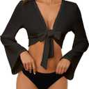 YYA Women's Lightweight Ribbed Cardigan Tie-Front Beach Cover Up with Long Sleeves for Summer Outfits Black XXL (XXL)