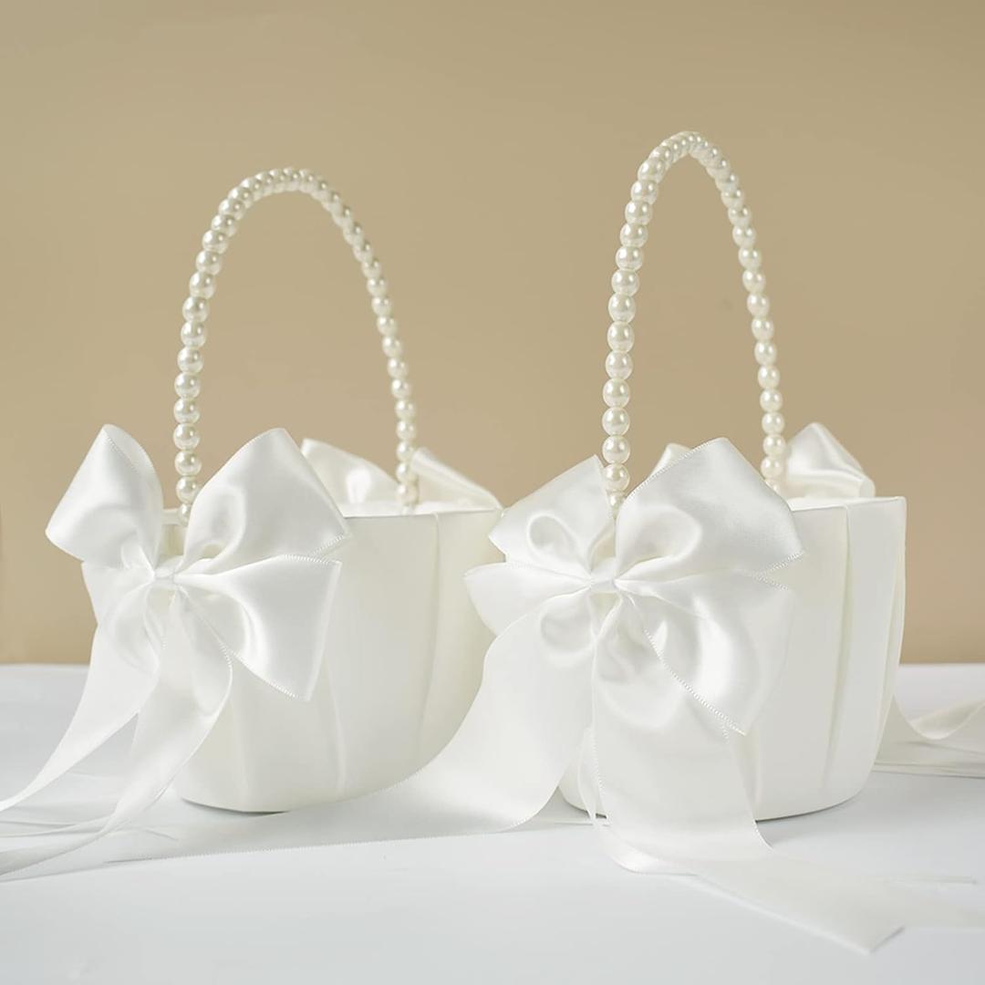 2 Pcs Wedding Flower Girl Baskets with Cute Pearl Handle Bowknot Satin Flower Baskets for Wedding Ceremony, Ivory