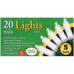20-Count Clear Christmas Mini Lights, 5 ft Green Wire Strand