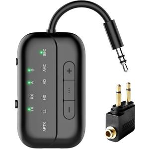 2026 Pro Bluetooth 5.4 Transmitter Receiver with Qualcomm Chipset,2-in-1 Airplane Wireless Adapter for Flight,TV,PC,Gym,Switch,Works with 2 AirPods/Headphones;Audio AUX Receiver for Car/Home Stereo